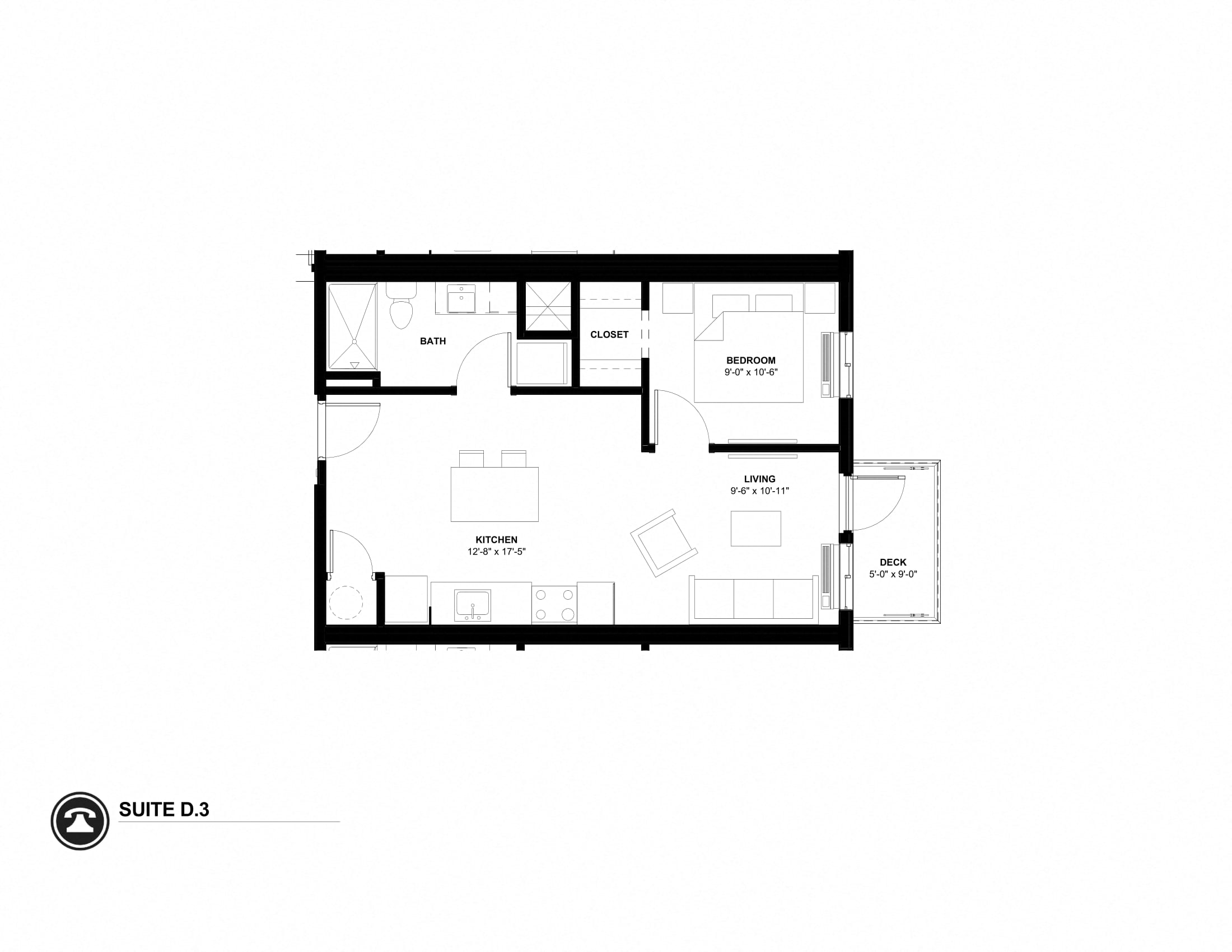 Floor plan for 1 bed, 0.8 baths, 596 sqft